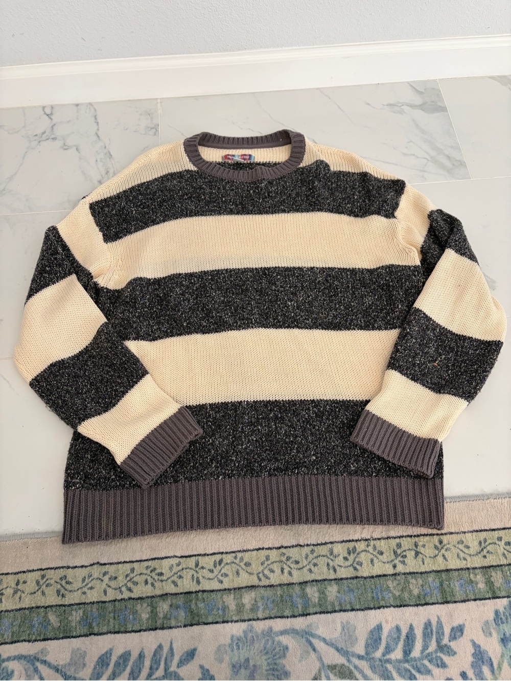 Urban Outfitters Men's Wide-Stripe Crewneck Sweater in Cream and Charcoal